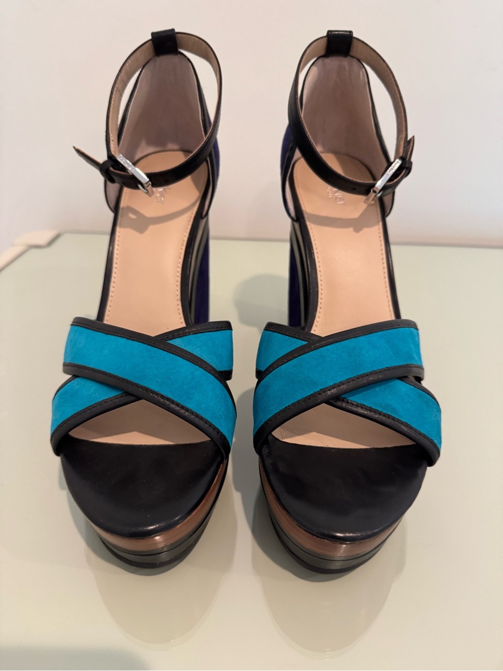 Botkier Teal and Purple Suede Platform Wedge Sandals - Picture 2 of 5